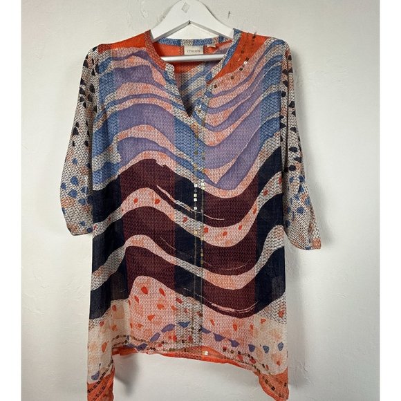 Chico's Womens Sheer Multicolor Tunic Top Size 2 Wavy Striped Pattern 3/4 Sleeve - Picture 1 of 8